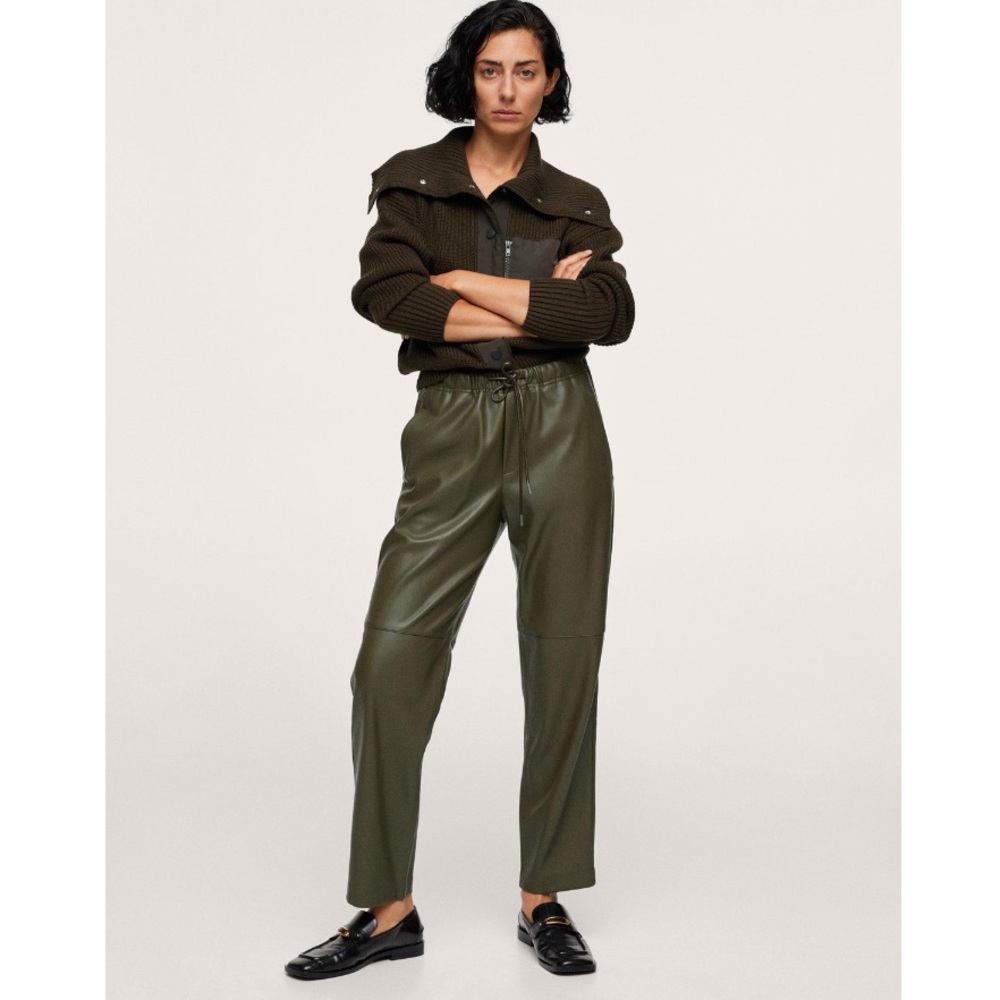 NWOT Mango High Rise Faux Leather Elastic Waist Straight Leg Pants Trousers S